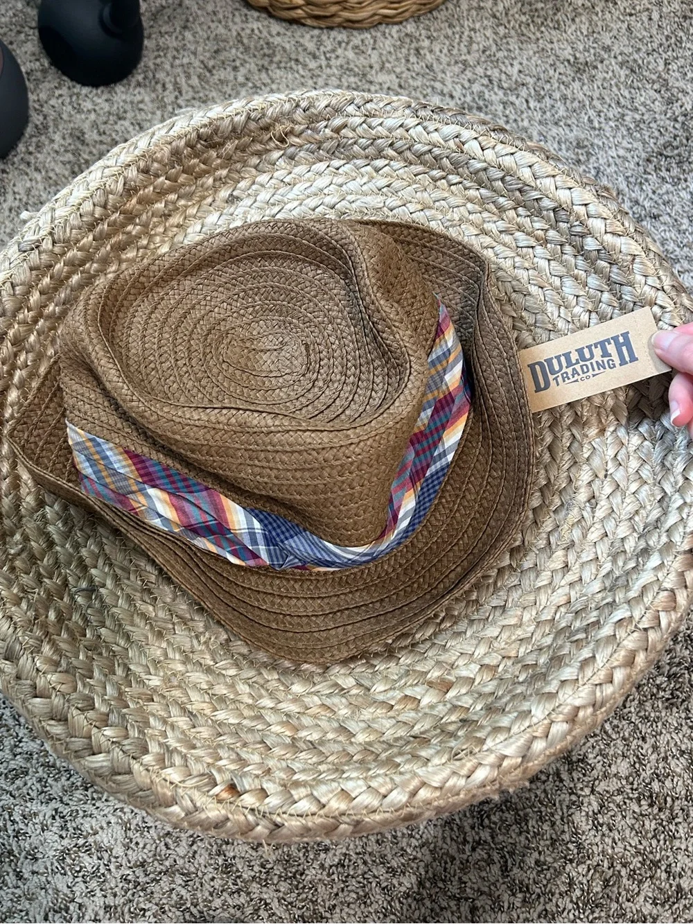 ☀️DULUTH TRADING CO. Brown Straw Summer Hat with Plaid Band - 2XL